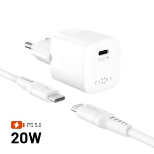 Zestaw ładowarka FIXED Mini 20W z wyjściem USB-C i kablem USB-C/USB-C, biały